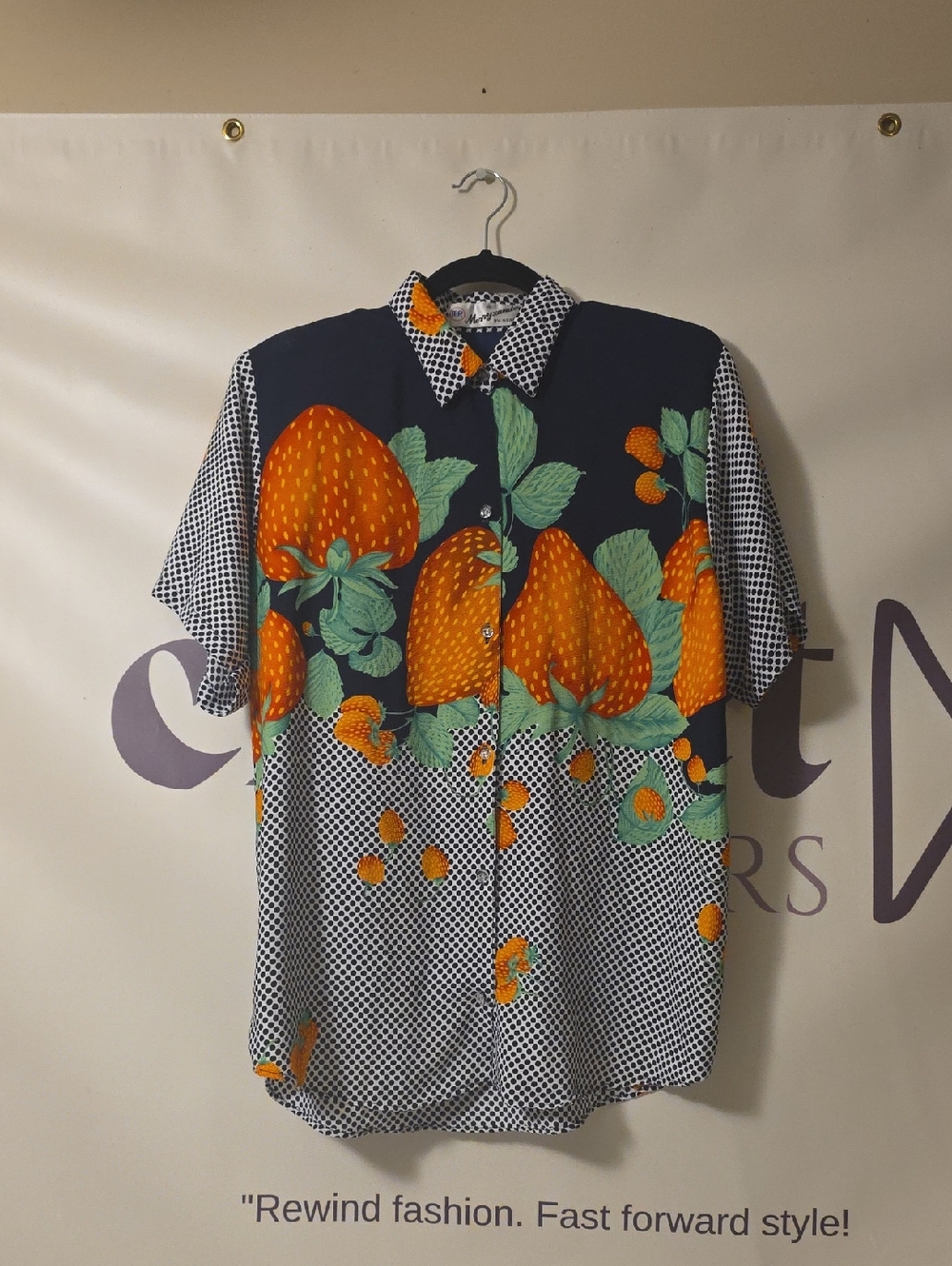 Women's Orange Strawberry Print Short-Sleeve Shirt 90s Vintage